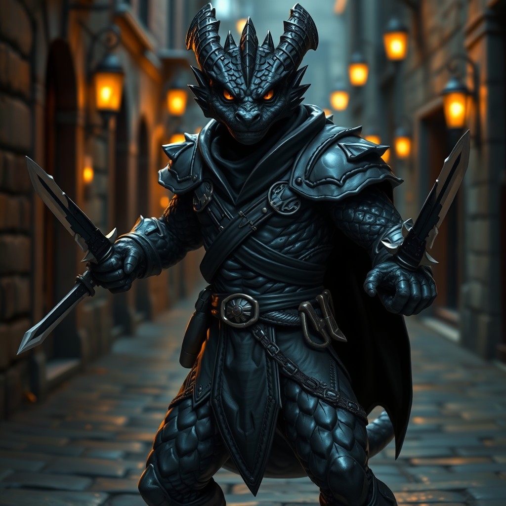 A Black Dragonborn Rogue character from Dungeons and Dragons, depicted in a dynamic pose as if ready to strike