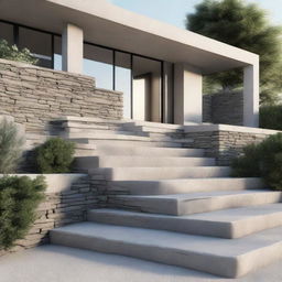 An ultra-realistic 8k image of modern house displaying decorative stone stairs, portraying depth, texture and modern aesthetics.