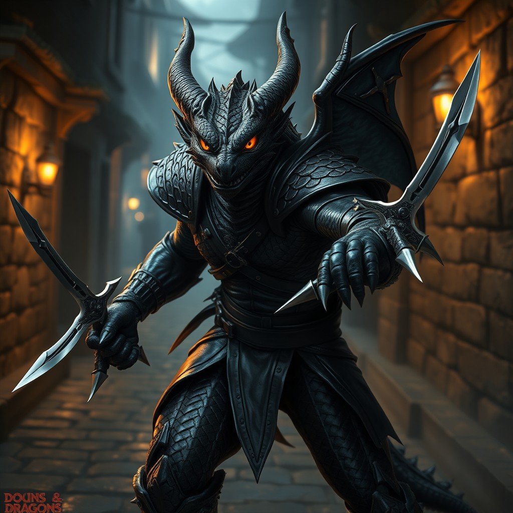 A Black Dragonborn Rogue character from Dungeons and Dragons, captured in a striking pose that conveys agility and cunning