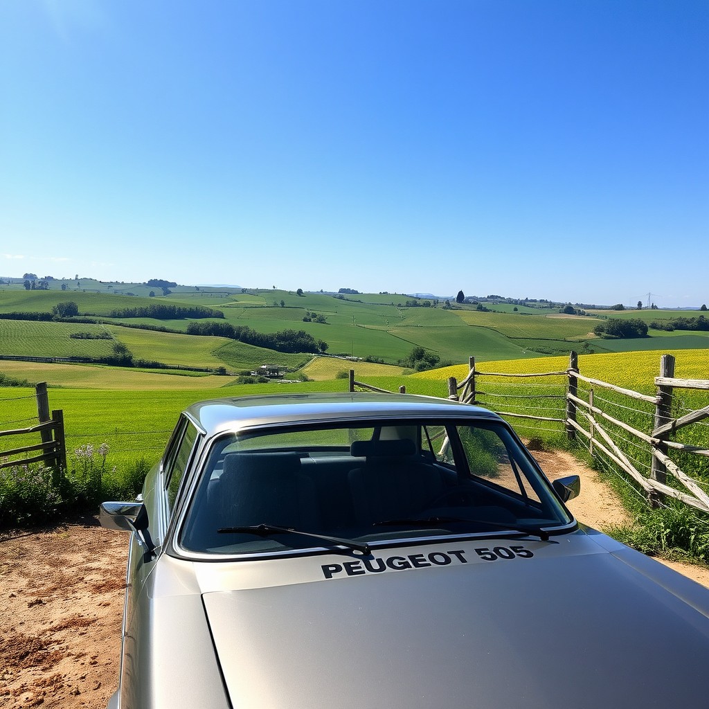 A scenic view featuring a classic Peugeot 505 parked in a picturesque rural landscape
