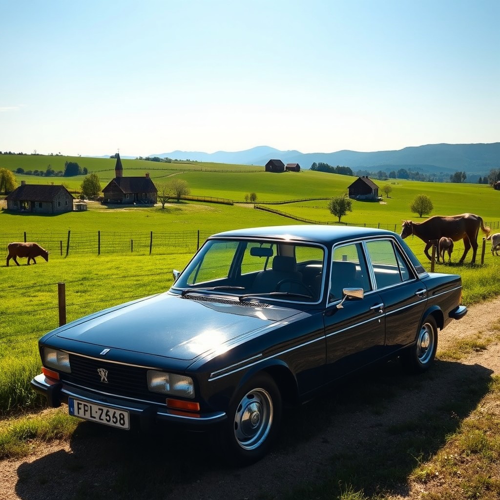 A vintage dark blue Peugeot 505 parked in a picturesque rural setting