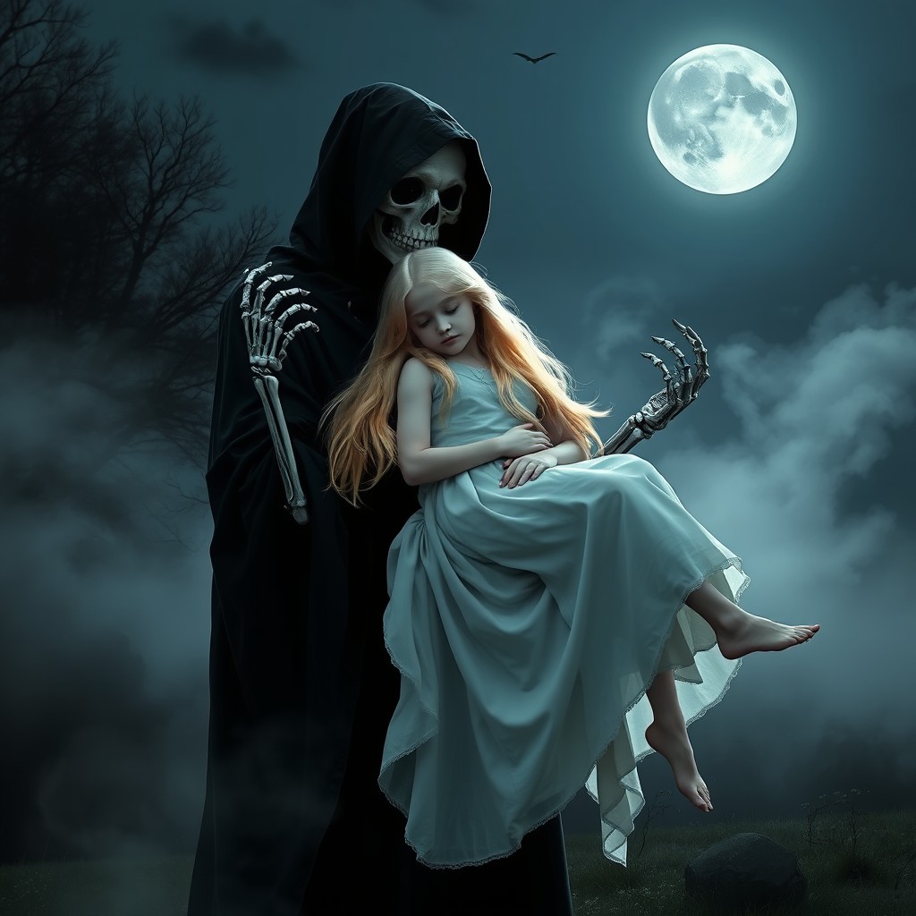 A dramatic scene featuring the Grim Reaper, clad in a dark robe, holding a beautiful blonde girl gently in his arms