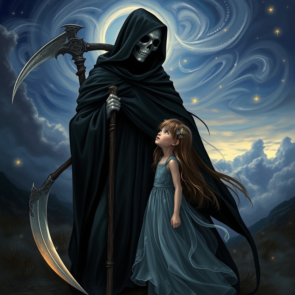 A captivating scene depicting the Grim Reaper alongside a girl in a mystical environment