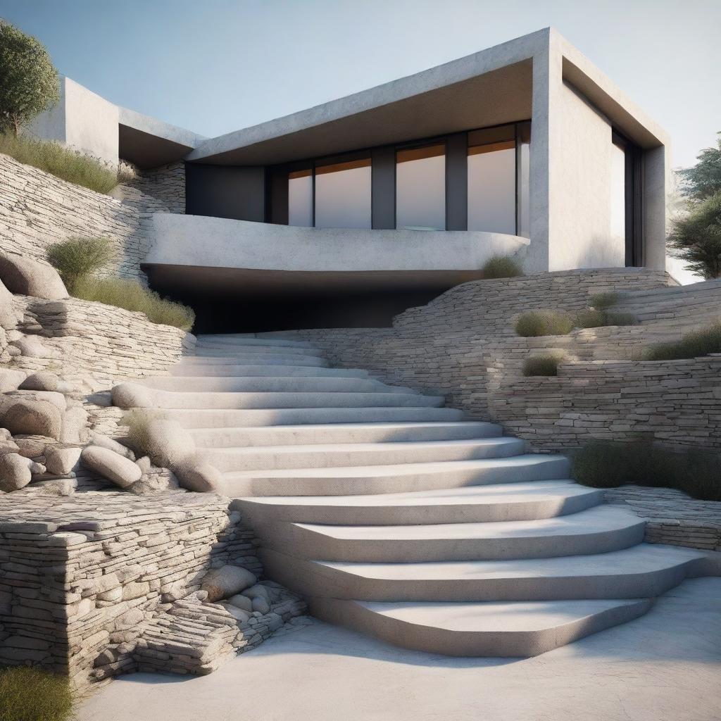 An ultra-realistic 8k image of modern house displaying decorative stone stairs, portraying depth, texture and modern aesthetics.