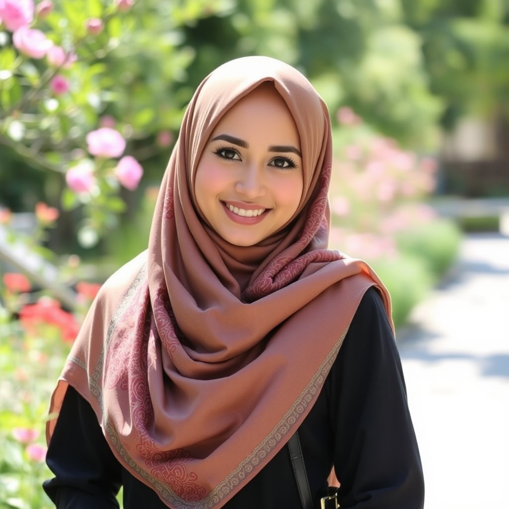 A stylish woman wearing a beautiful hijab, elegantly draped in soft, flowing fabric
