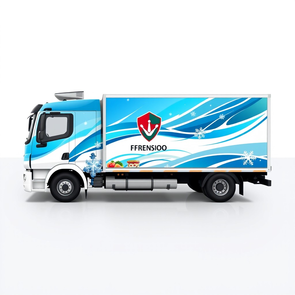 A stylish design concept for the side of a cargo refrigerator truck, featuring vibrant colors and modern graphics