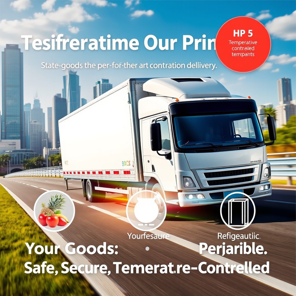 A captivating advertisement for temperature-controlled transportation services featuring a modern delivery truck equipped with state-of-the-art refrigeration technology