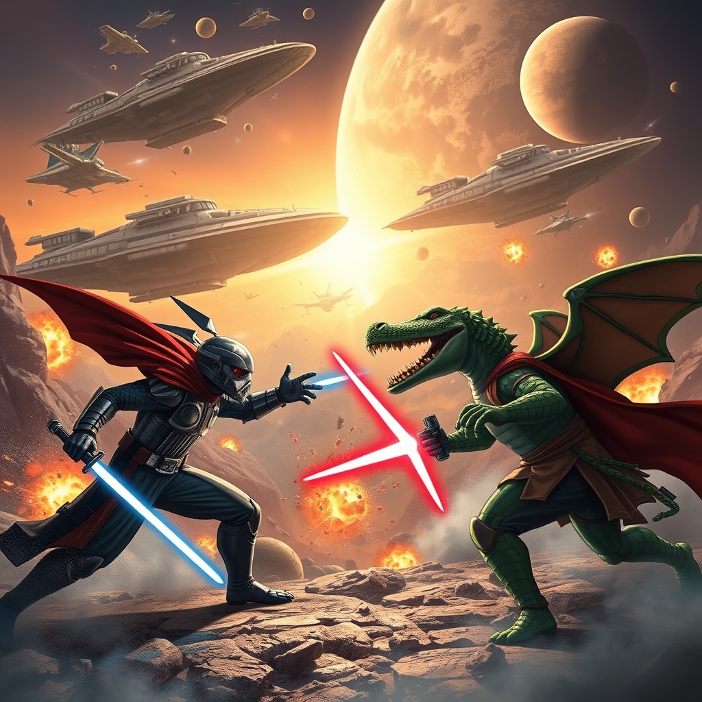 An epic battle scene featuring Tralalero Tralala facing off against Bombardino Crocodilo
