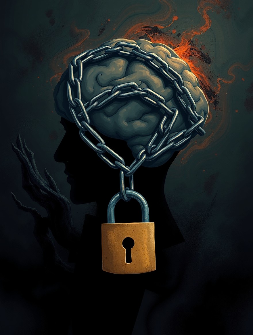 An illustration of a mind trapped in chains, with a large lock symbolizing the enslavement to fear
