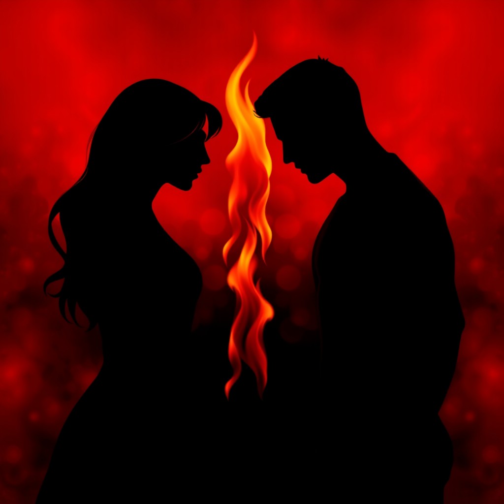 Two facing silhouettes, one female and the other male, with flames rising in between them