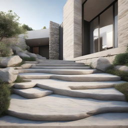 An ultra-realistic 8k image of modern house displaying decorative stone stairs, portraying depth, texture and modern aesthetics.