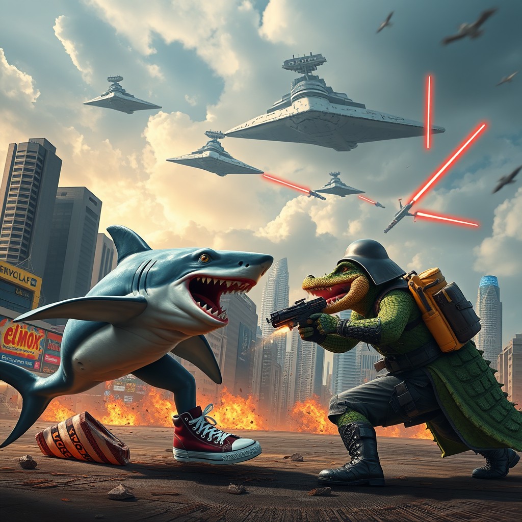 A dynamic battle scene in the city of Lima featuring a shark wearing sneakers engaged in a fierce showdown against a crocodile-headed bomber