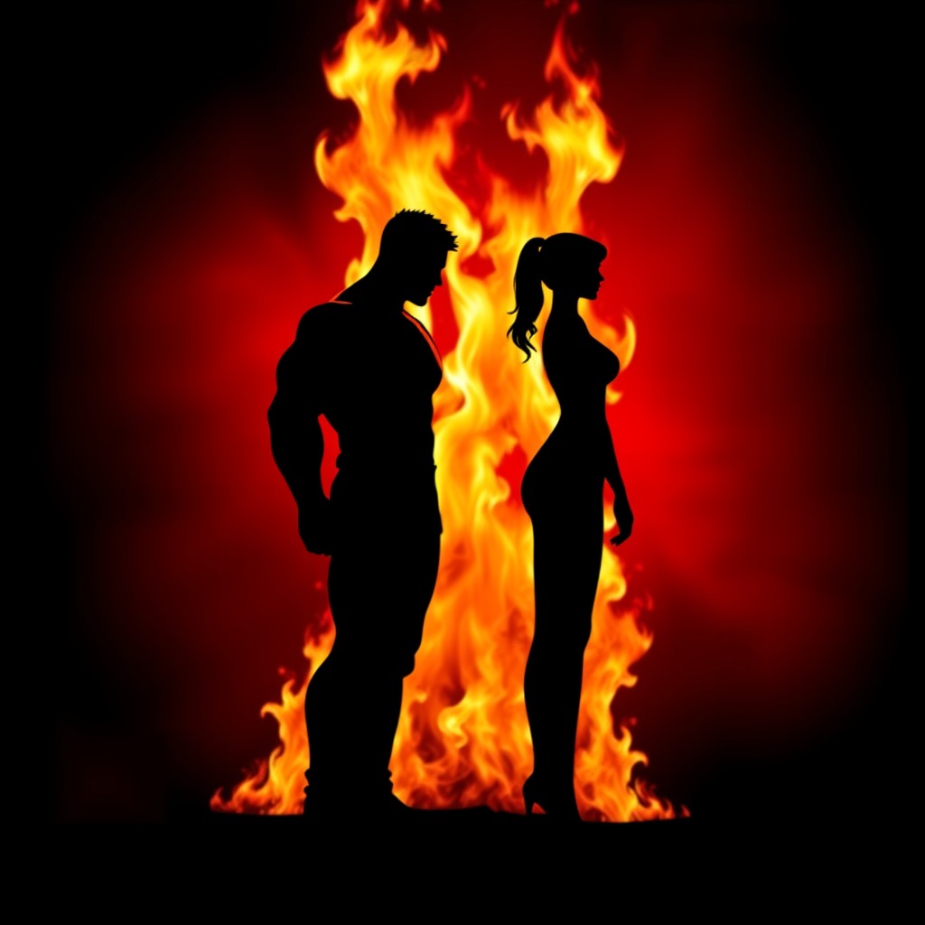 A visually striking image featuring the tallest and strongest male silhouette standing opposite the slimmest female silhouette, with flames rising dramatically between them