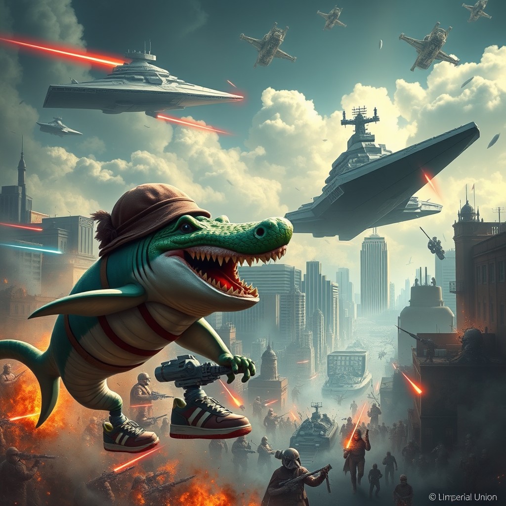 An epic battle scene set in the bustling city of Lima, illustrating a shark wearing sneakers leading its own army against a crocodile-headed bomber and its respective troops