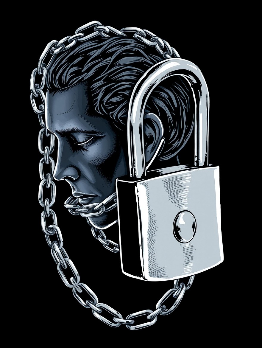 A striking illustration of a human head in a stylized drawing, with chains wrapping around it and a large padlock prominently featured, symbolizing confinement or restriction