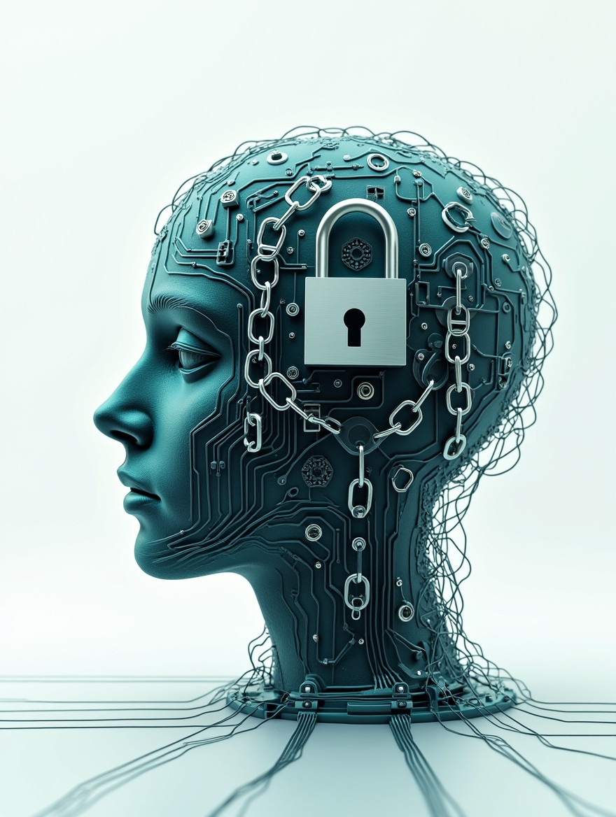An abstract digital representation of a human head composed of intricate circuitry and technology