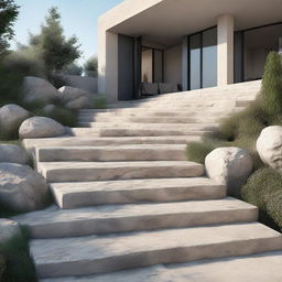 An ultra-realistic 8k image of modern house displaying decorative stone stairs, portraying depth, texture and modern aesthetics.