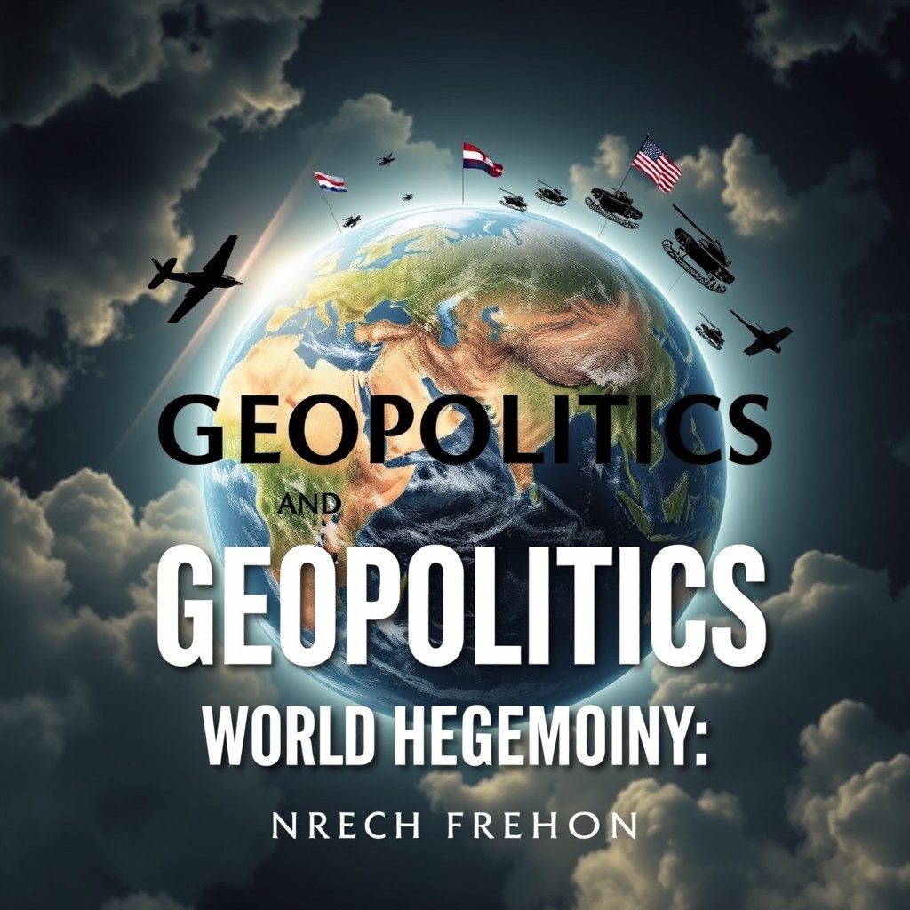 A book cover for a title "Geopolitics and World Hegemony" featuring a detailed representation of planet Earth showcasing political maps, strategically divided continents, and highlighted regions of conflict