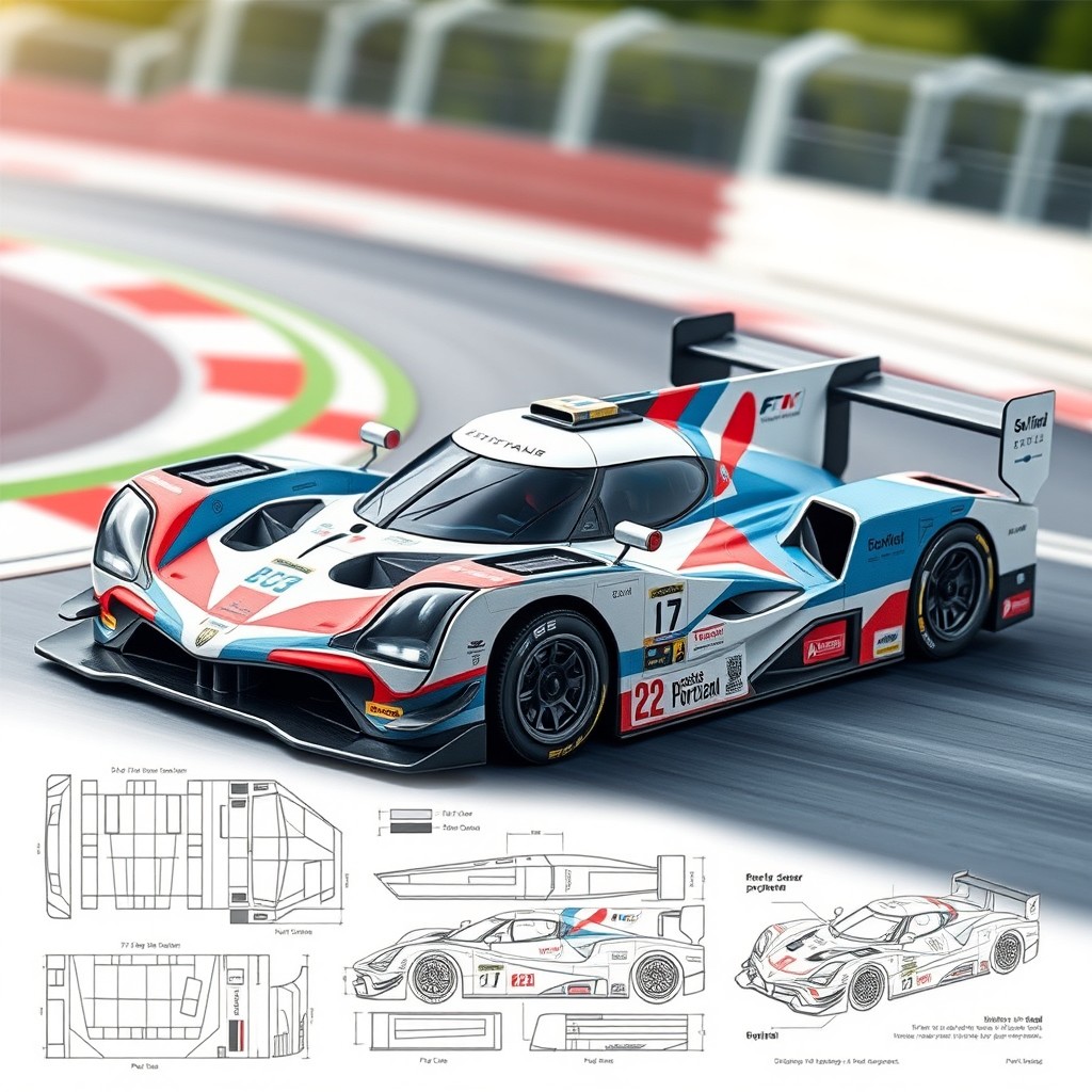 A detailed papercraft template of a racecar inspired by the Le Mans hypercar designs, featuring sleek aerodynamic lines, a low profile, and an aggressive stance