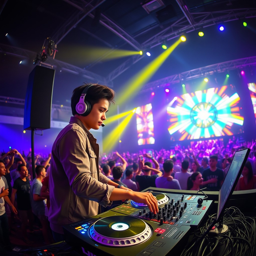 A dynamic DJ performing at a vibrant music festival, surrounded by colorful lights and an energetic crowd
