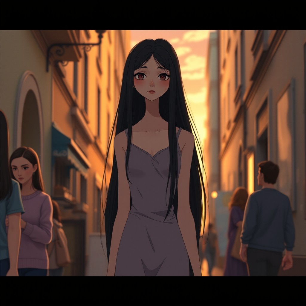 A tall elegant girl with long black hair and deep dark eyes, walking alone through a narrow European street at sunset