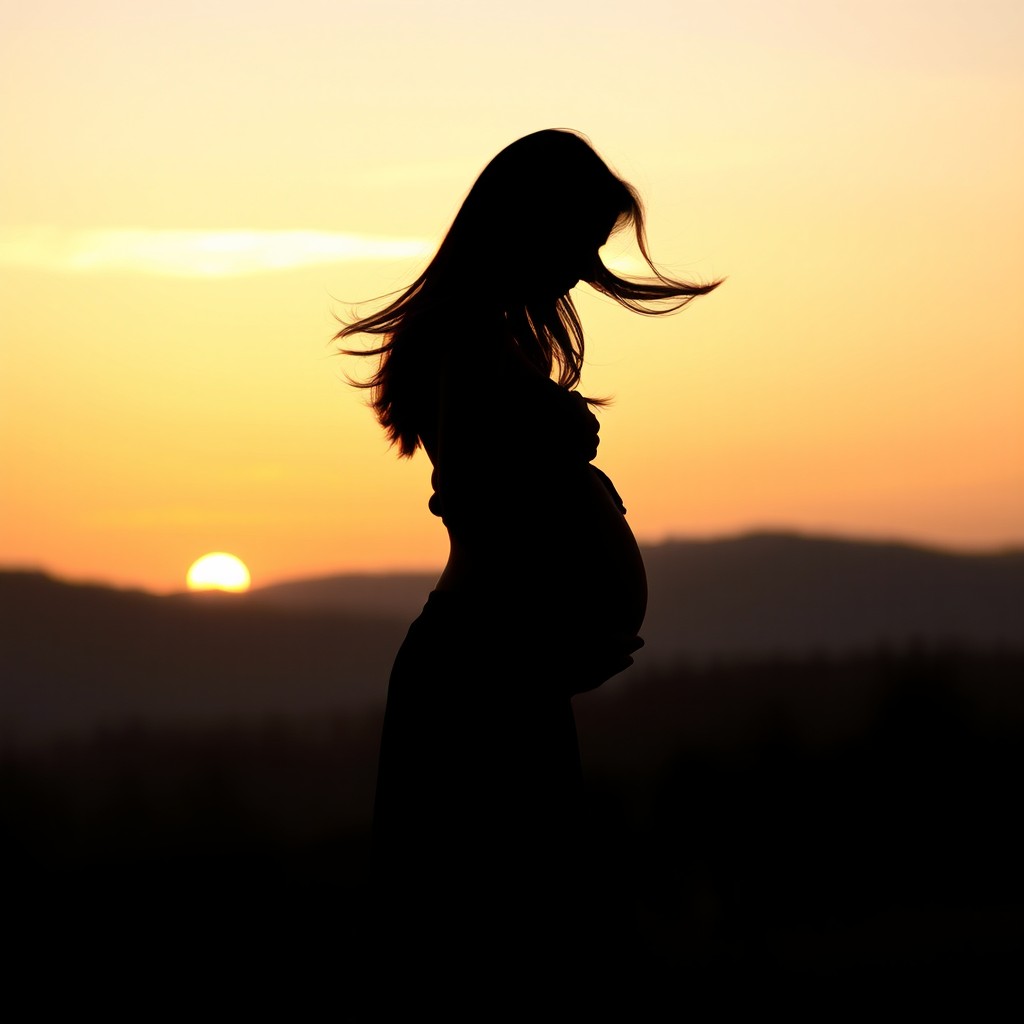 A graceful silhouette of a pregnant woman standing in profile