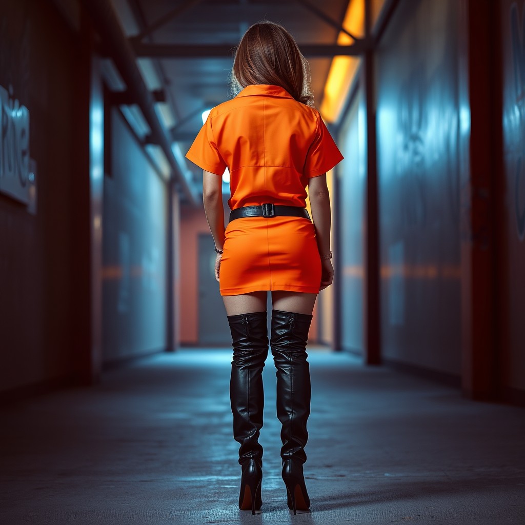 A striking image viewed from behind of a woman in a bright orange inmate minidress costume, complemented by thigh-high black leather boots