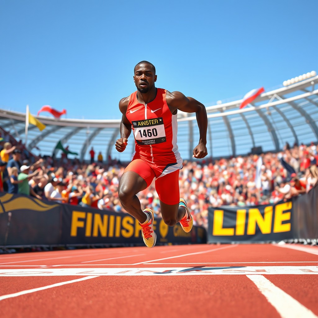 A focused athlete of African descent, wearing a vibrant red and white athletic outfit, sprinting vigorously towards the finish line in a stadium setting