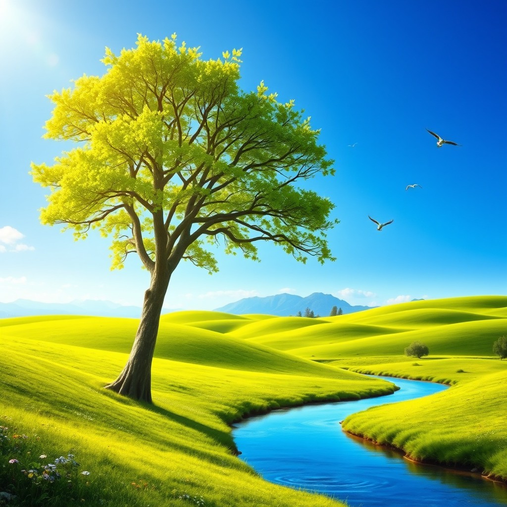 A serene landscape depicting the secrets of peace and wisdom, with rolling green hills under a clear blue sky