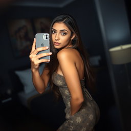 Gorgeous young Arab woman, aged 18, thin and petite with medium breasts, a small waist, wide hips, and a nice booty, wearing a cute and interesting dress