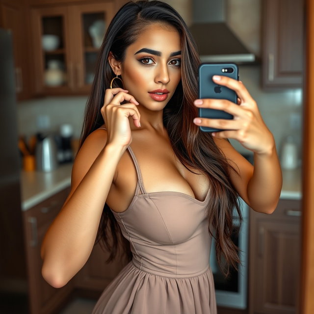 Gorgeous young Arab woman, aged 18, thin and petite with large breasts, a tiny waist, very wide hips, and a nice booty, wearing a cute and sexy dress