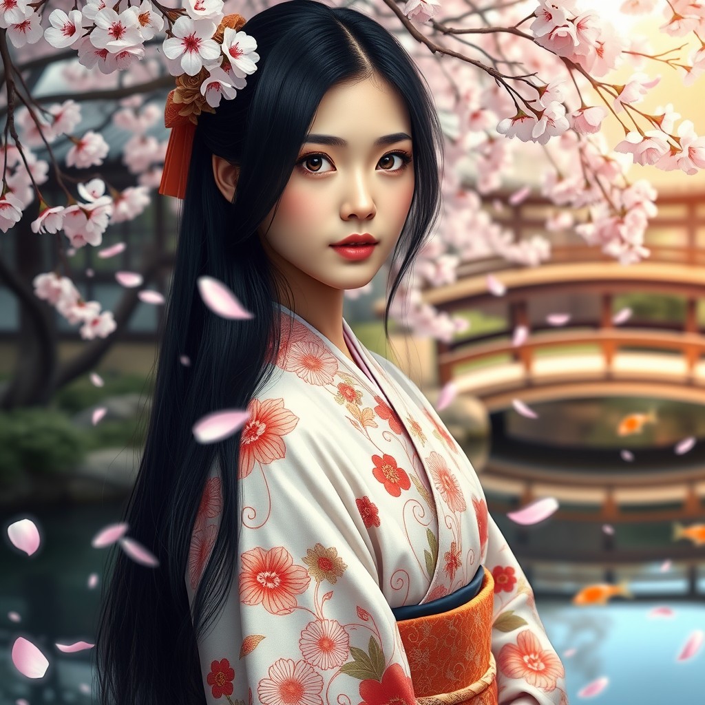 A portrait of a beautiful Japanese girl with long black hair and expressive dark eyes