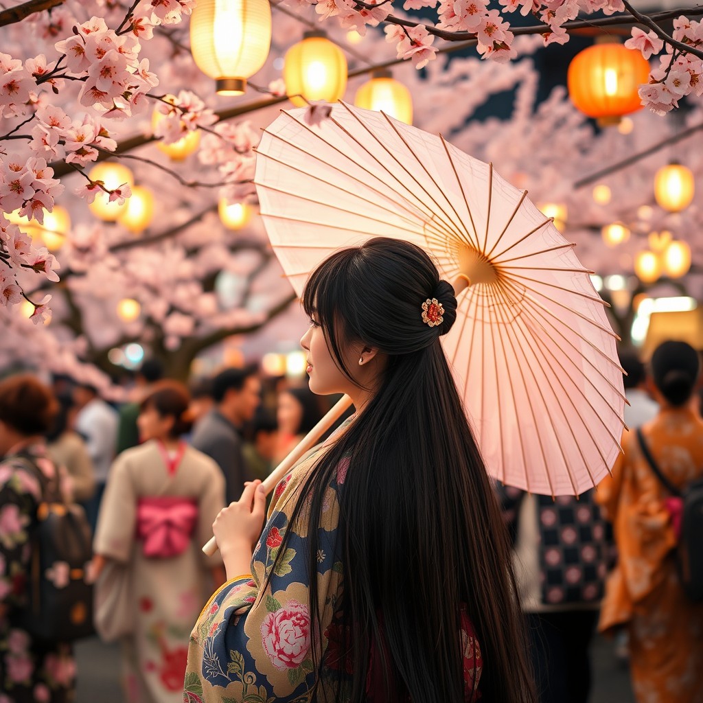 A lively scene featuring a Japanese girl at a cherry blossom festival