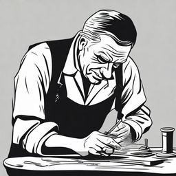 A goldsmith at work in a simplistic, high contrast, vector style line art, portrayed in black and white.