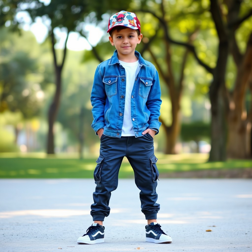 A stylish and trendy outfit for a boy, featuring a blue denim jacket, white t-shirt underneath, and stylish sneakers