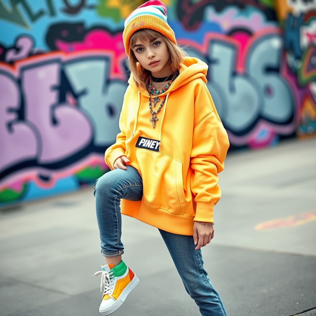 A stylish girl wearing trendy and colorful clothing showcasing a mix of streetwear and casual fashion
