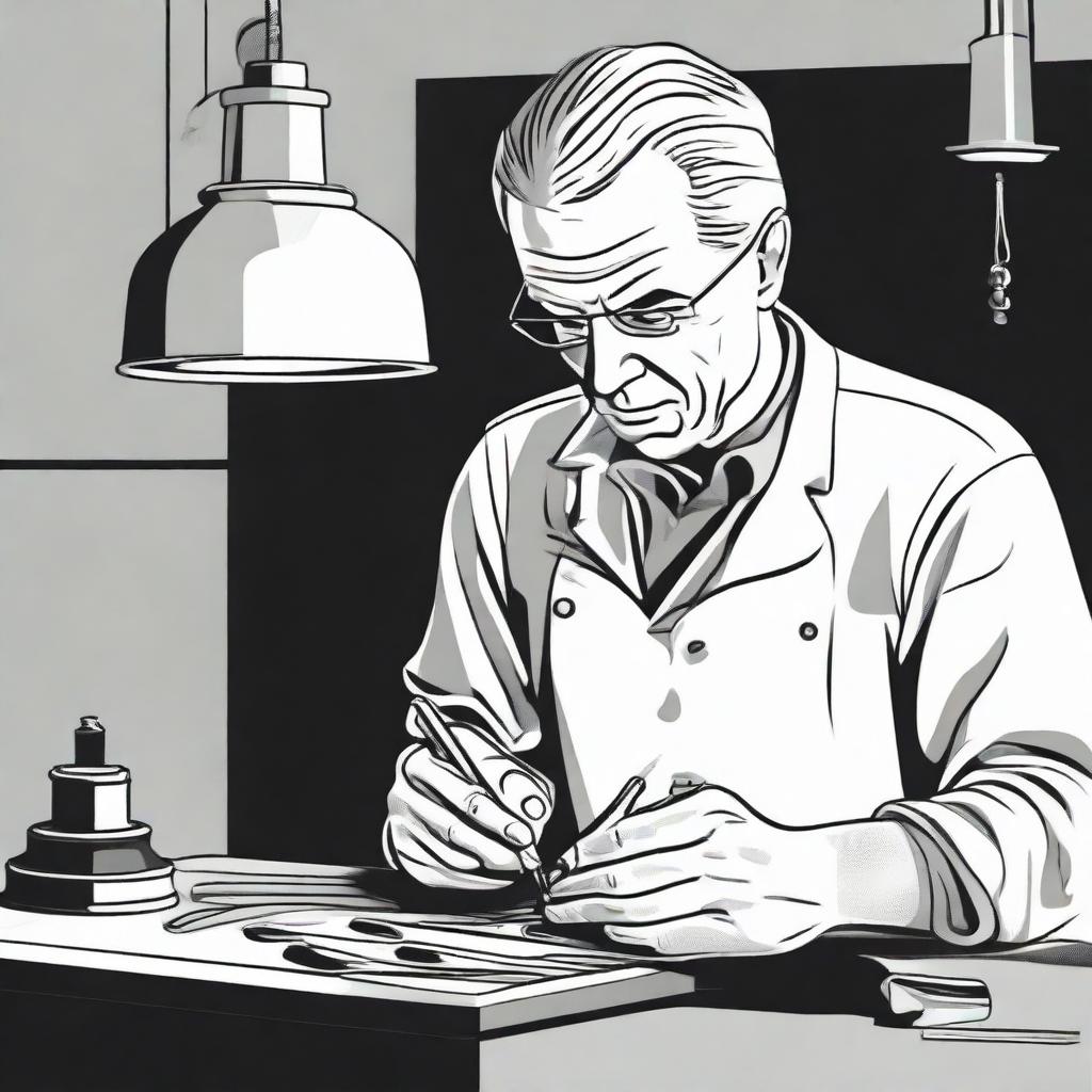 A goldsmith at work in a simplistic, high contrast, vector style line art, portrayed in black and white.