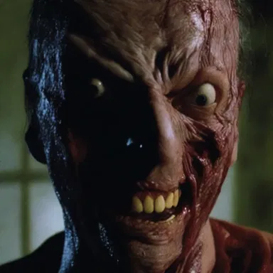 The horror movie featured a chilling scene where the antagonist's face underwent a horrifying deformation, causing nightmares for the audience.