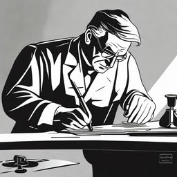 A goldsmith at work in a simplistic, high contrast, vector style line art, portrayed in black and white.