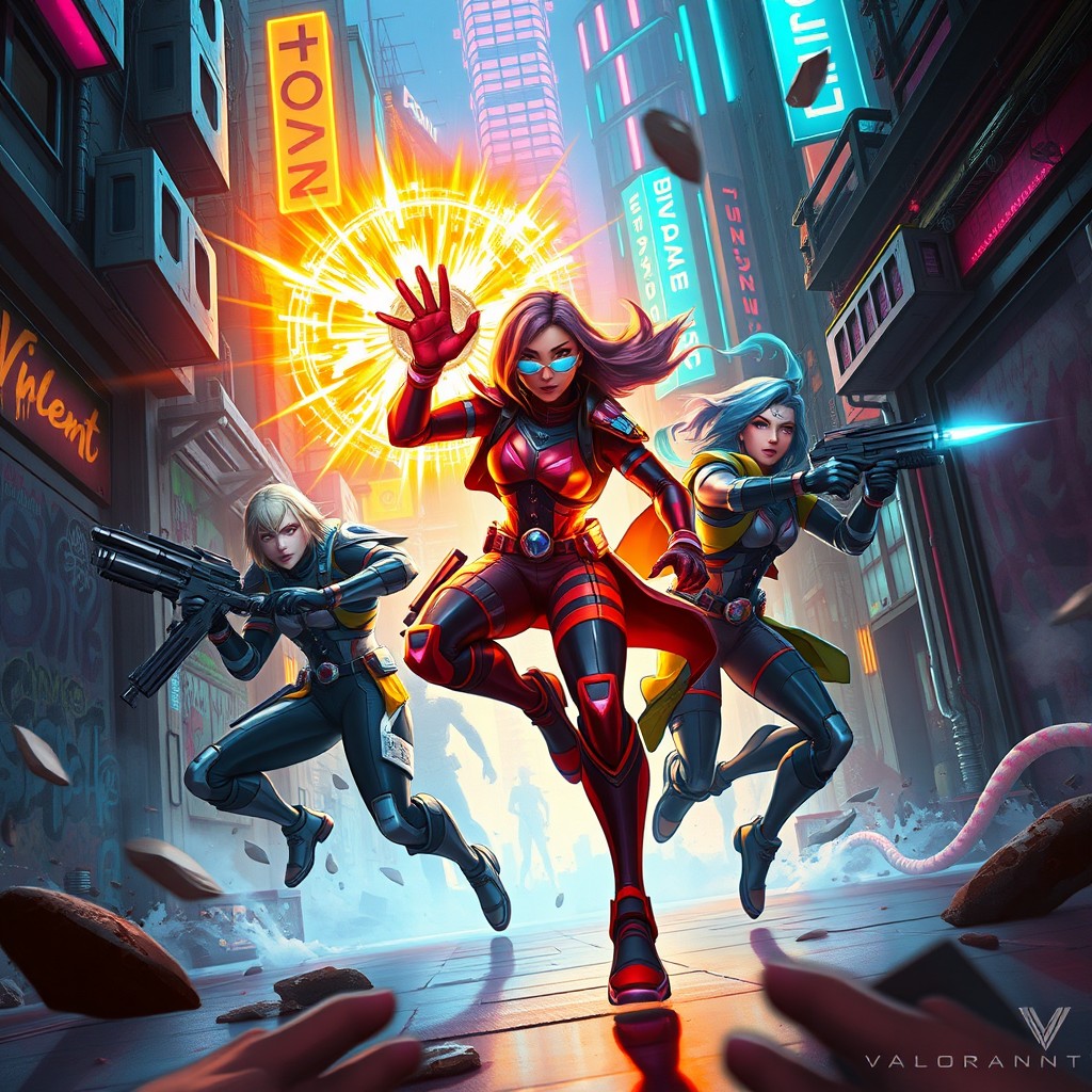 A vibrant, dynamic digital artwork inspired by the game Valorant, showcasing iconic agents like Jett and Sage in action poses, utilizing their unique abilities in a futuristic urban setting filled with neon lights and graffiti