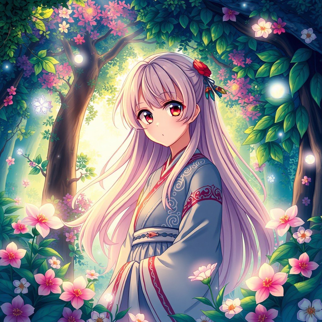 Anime character surrounded by a lush magical forest, vibrant colors, with mystical creatures peeking through the trees