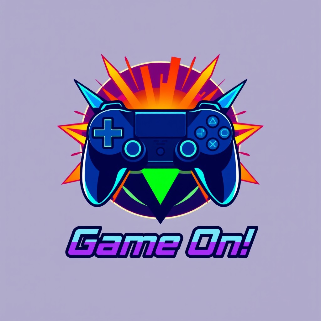 A bold and dynamic gaming logo featuring a stylized game controller at the center