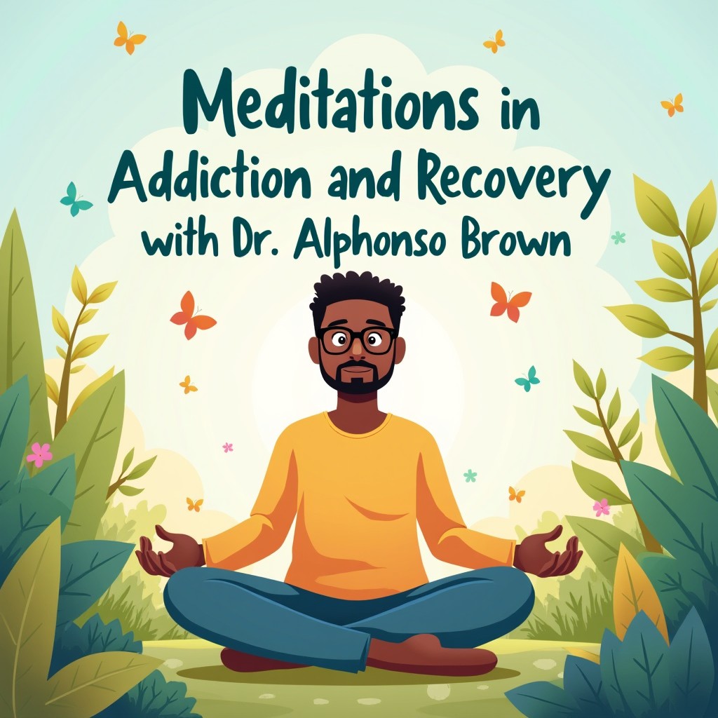 A visually appealing cartoon-style illustration representing the phrase 'Meditations in Addiction and Recovery with Dr