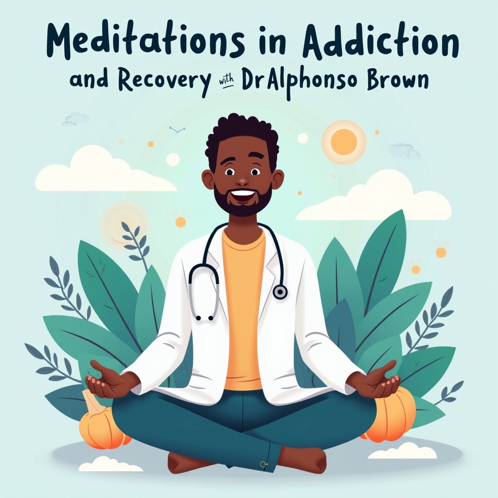 A visually appealing cartoon-style illustration representing the statement 'Meditations in Addiction and Recovery with Dr