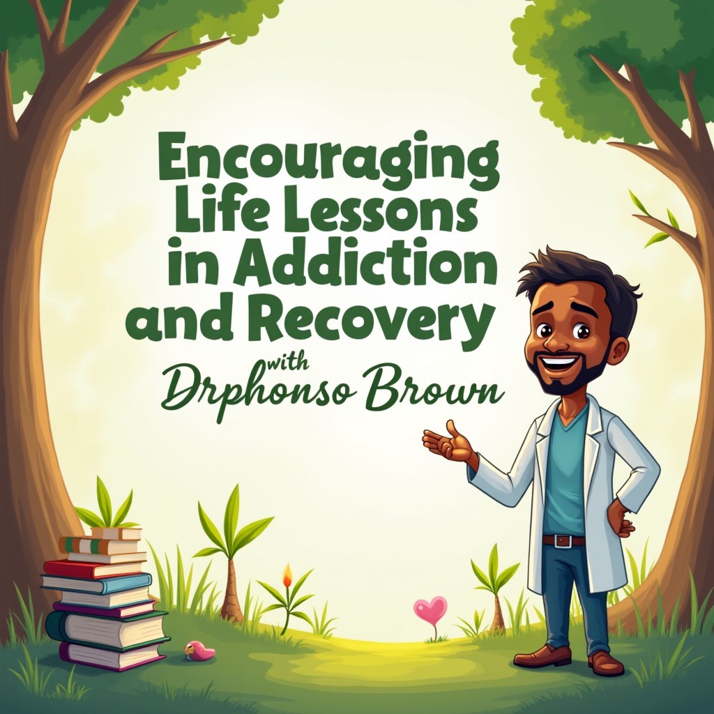 A visually appealing cartoon-style illustration representing the statement 'Encouraging Life Lessons in Addiction and Recovery with Dr