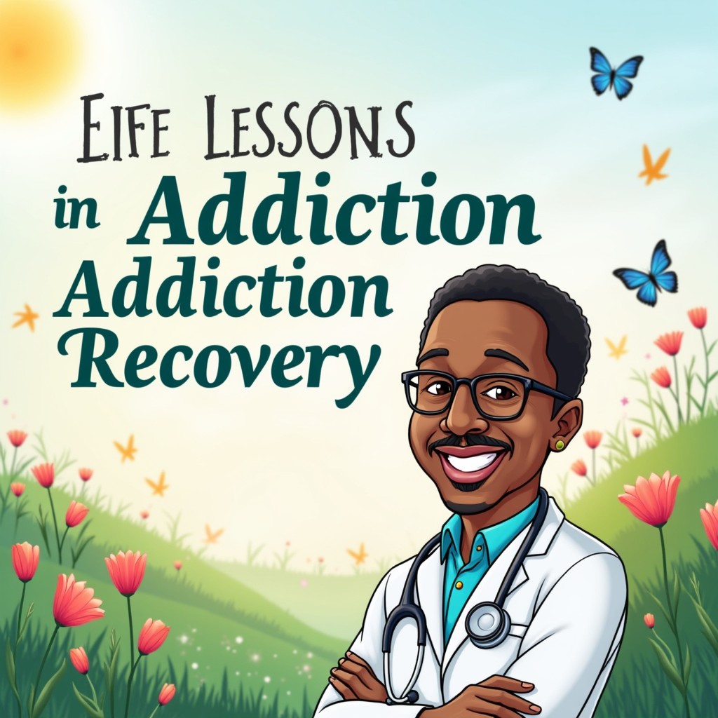 A visually appealing cartoon-style illustration representing the statement 'Encouraging Life Lessons in Addiction and Recovery with Dr