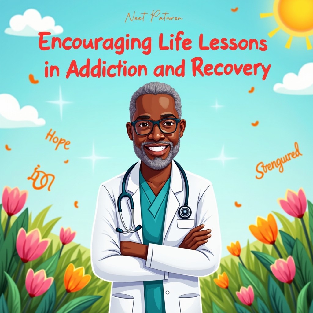 A visually appealing cartoon-style illustration depicting the statement 'Encouraging Life Lessons in Addiction and Recovery with Dr