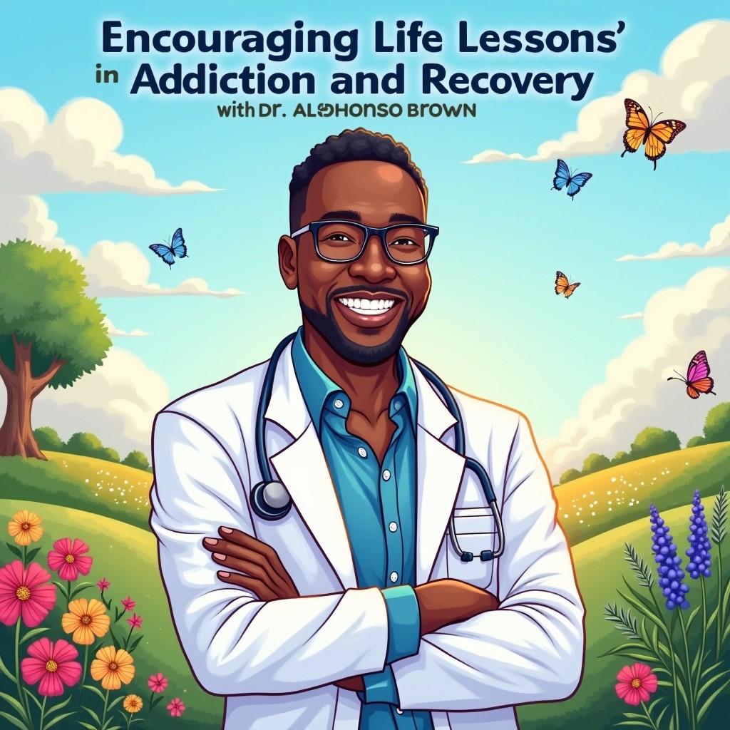 A visually appealing cartoon-style illustration depicting the statement 'Encouraging Life Lessons in Addiction and Recovery with Dr
