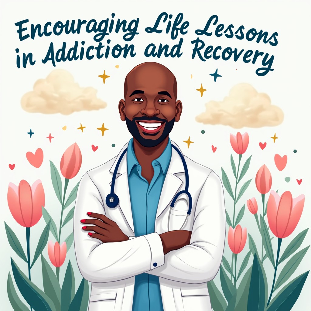 A visually appealing cartoon-style illustration representing the statement 'Encouraging Life Lessons in Addiction and Recovery with Dr