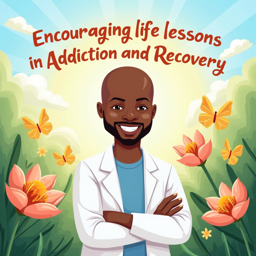 A visually appealing cartoon-style illustration representing the statement 'Encouraging Life Lessons in Addiction and Recovery with Dr